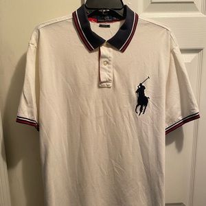Polo Ralph Lauren Blue sleeve ring with Big Horse Logo Mens White Stitched Shirt